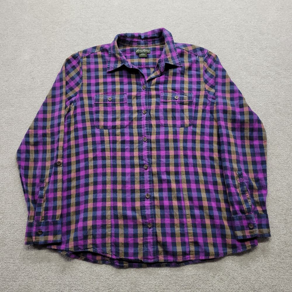 Eddie Bauer Womens Large Plaid Flannel Shirt Purple Blue Button Up Outdoor